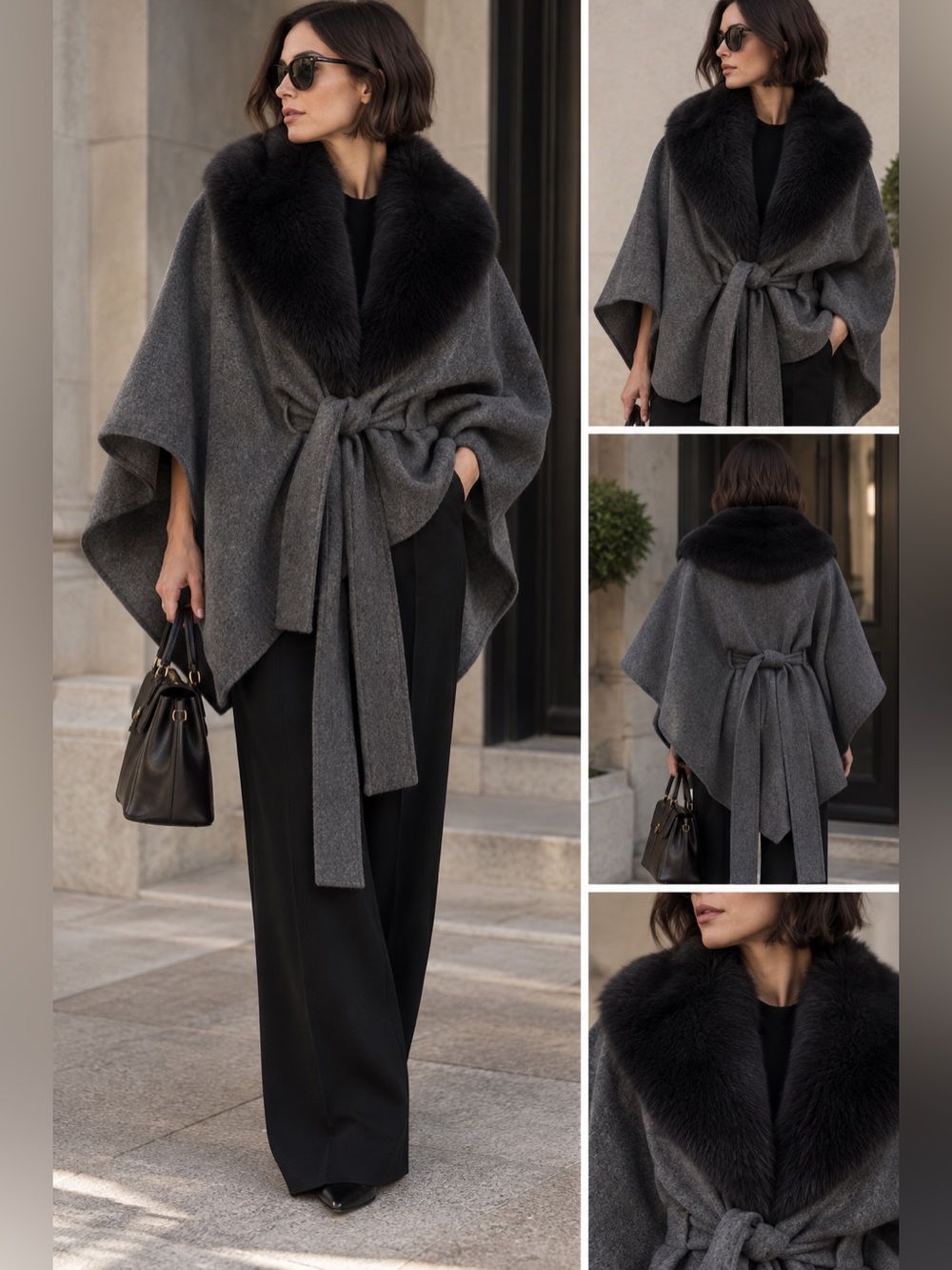 Elegant Gray Women's Cape with Faux Fur Collar